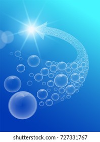 Bubbles of many sizes underwater rise up to find the light of the arrow-shaped sun on a blue background. Realistic file.