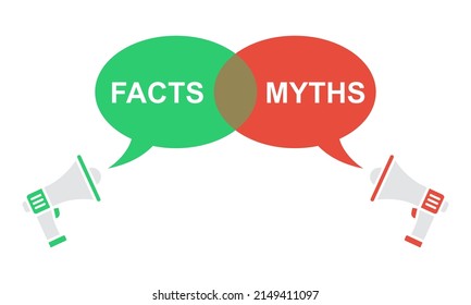 Bubbles with myths vs facts. Megaphone with red myths vs green facts speech bubble. Truth and false.