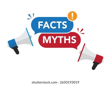 Bubbles with myths vs facts. Megaphone with red myths and blue facts speech bubble. Vector Illustration. Stock illustration.