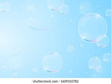 Bubbles on Blue Background . Circle and Liquid , Clear Soapy Shiny , Vector Illustration