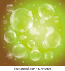 Bubbles on gentle colorful background with glitters and starks