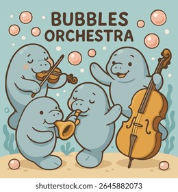 Bubbles Orchestra, nossos adoráveis peixes-boi formam uma orquestra encantadora, tocando violino, violoncelo e trompete em meio a bolhas flutuantes. Esta ilustração caprichosa é perfeita para livros infantis.