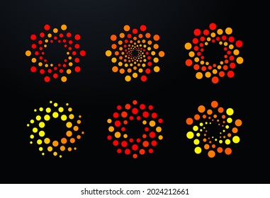 Bubbles points dots logo set, orange spiral round logos template. Abstract hurricane, vortex, sun, hot wheel sign, network connection icon, virus, flowers symbol. Tech and science vector logotype