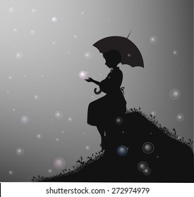 bubbles rain, garden dream, girl sitting on the hill and touching the bubbles, vector shadows