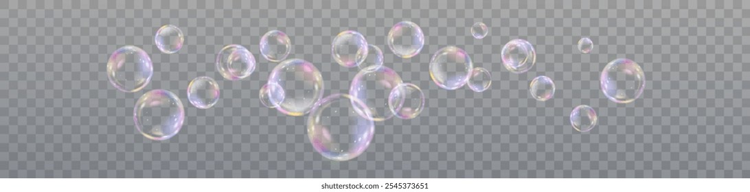 Bolhas de sabão realista bolhas com reflexão arco-íris isolado no fundo transparente. eps 10