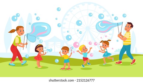 Bubbles Show. Adults Make Big Soap Balls In Park For Kids. Happy Children Play With Flying Soapy Balloons. Outdoor Leisure. People Blow Foam Spheres. Boys Or Girls Have