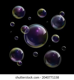 Bubbles soap. Foam abstract bubble shampoo background, clear soap rainbow balls, wash bubbling shiny backdrop, bubbly texture isolated on black. 3D transparent objects. Vector realistic set