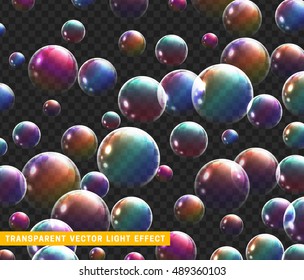 Bubbles soap realistic set isolated with transparent background vector illustration. Soap bubble rainbow reflection.