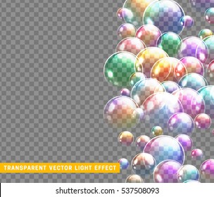 Bubbles soap realistic set isolated with transparent background vector illustration. Soap bubble rainbow reflection.