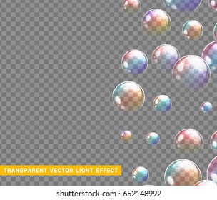 Bubbles soap realistic set isolated effect transparent background vector illustration. Soap bubble rainbow reflection.