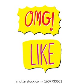 Bubbles speech. Illustration. Vintage comics book poster. Colored funny font. OMG, LIKE !. digital printing.