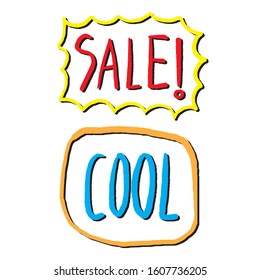 Bubbles speech. Illustration. Vintage comics book poster. Colored funny font. SALE, COOL !. digital printing.
