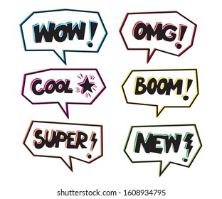 Bubbles speech. Illustration. Vintage comics book poster. Colored funny font. WOW, NEW, BOOM, OMG !. digital printing.