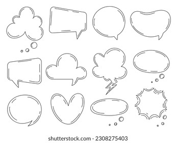 Bubbles speech set. Design elements for comics. Communication and interaction between characters. Blank clouds and empty space for text. Linear flat vector collection isolated on white background