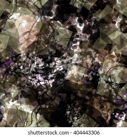 Bubbles, squares and spirals. Abstract seamless background. Chaotic. Random intersection. Transparency. Overlapping. Vector. Easy to edit.