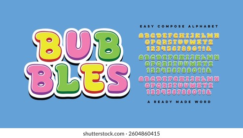 Bubbles. Stylish typography composite alphabet. Easy use design font. Vector display letters suitable for poster headlines, magazines, food shops, snacks, appealing to children and teenagers.
