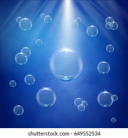 Bubbles in sunny water. Blue banner or flyer with water sprays. Sunshine flare. Underwater background with bubbles. Glowing rays and sparkles beam. Sun flash with solar effect and radiate burst.