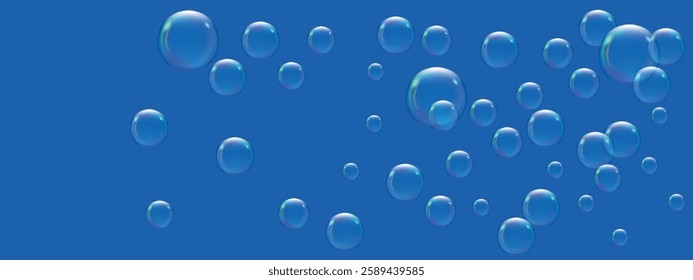 Bubbles under water on a blue background. Oxygen in the aquarium. Air in the ocean. Pool aeration. Soapy bubble bath Vector illustration.