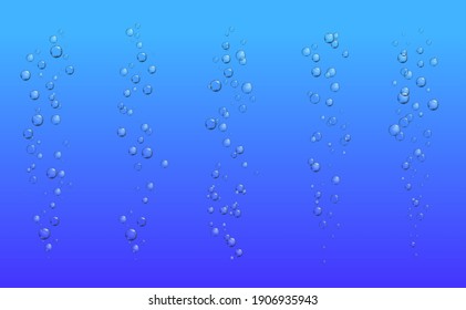 Bubbles of underwater fizzing air 3d vector. Realistic transparent bubbles of soda water or champagne, fizzy drink or effervescent beverage, oxygen streams of blue sea, ocean or aquarium pump