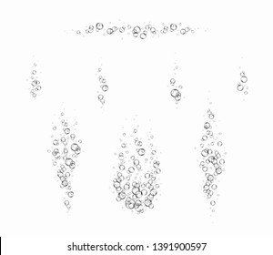 Bubbles underwater set isolated on white background. Vector pure gas, oxygen bubbles flying in air or under water. Realistic soda effect elements for your design.