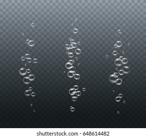 Bubbles underwater set isolated on transparent background. Vector pure gas or oxygen bubbles flying in air or under water. Realistic clear sea white elements for your design