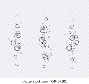 Bubbles underwater set isolated on transparent background. Vector pure gas or oxygen bubbles flying in air or under water. Realistic clear sea white elements for your design.