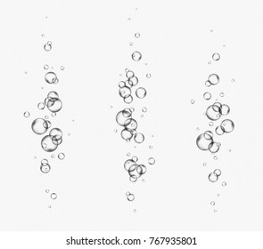 Bubbles underwater set isolated on white background. Vector pure gas or oxygen bubbles flying in air or under water. Realistic clear sea water elements for your design