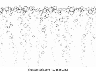 Bubbles underwater texture isolated on white background. Vector fizzy air, gas or clean oxygen bubbles under sea water. Realistic effervescent champagne drink, soda effect for your design
