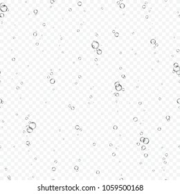 Bubbles underwater texture isolated on transparent background. Vector fizzy air, gas or clean oxygen bubbles under sea water. Realistic champagne drink, soda effect seamless pattern.