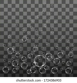 Bubbles of underwater texture isolated on a transparent background. Vector sparkling air, gas or pure oxygen bubbles.Fizzy effect for your design.3d  realistic  abstract illustration.