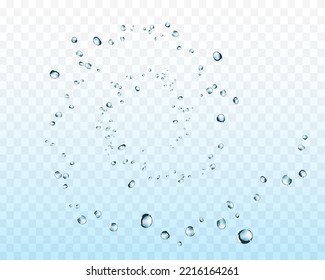 Blasen unter Wasser Textur einzeln auf transparentem Hintergrund.Vektorfaule Luft, Gas oder saubere Sauerstoffblasen unter Meerwasser. Realistischer Brausetrink, Soda-Effekt für Ihr Design.Spirale