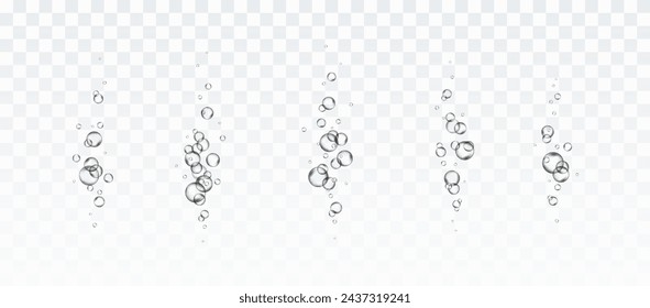 Bubbles underwater texture isolated on transparent background. Vector fizzy air, gas or oxygen under water. Realistic champagne drink, soda effect templates set
