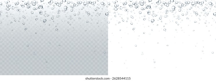 Bubbles underwater texture isolated on transparent and white background. Vector air, gas or oxygen under water. Realistic fizzy drink, soda effect seamless pattern