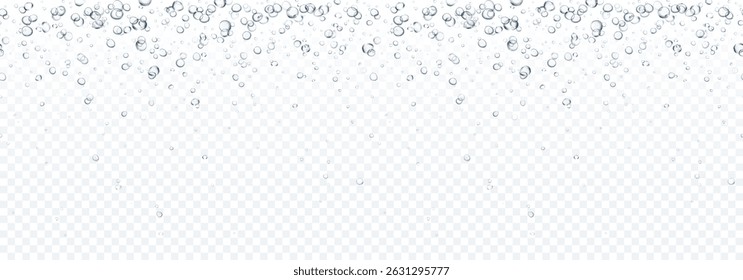 Bubbles underwater texture isolated on transparent background. Vector air, gas or oxygen under water. Realistic fizzy drink, soda effect seamless pattern