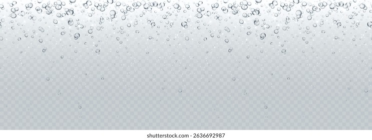 Bubbles underwater texture isolated on transparent background. Vector air, gas or oxygen under water. Realistic fizzy drink, soda effect seamless pattern