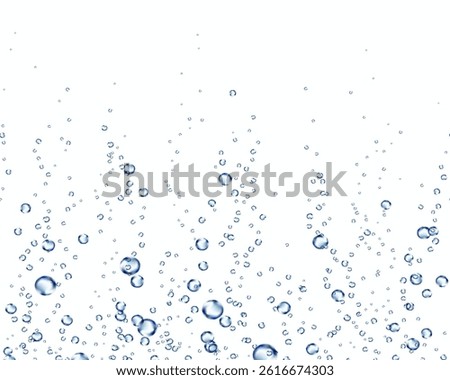 Bubbles underwater texture isolated on white background. Vector blue air, gas or oxygen under water. Realistic fizzy drink, soda effect seamless border