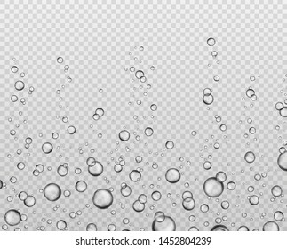 Bubbles underwater texture. Soda bubble flow. Effervescent oxygen in aquarium. Fizzing freshness champagne air sparkles isolated vector set