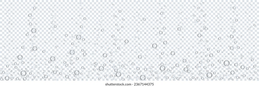 Bubbles underwater. Water sparks. Fizzy air on transparent backdrop. Sparkling water effect. Soda pop with oxygen bubbles. Aquarium or undersea template. Vector illustration.