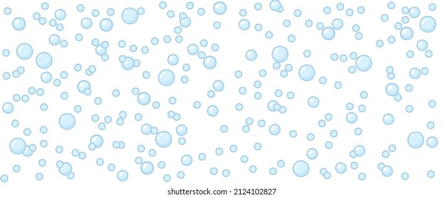 Bubbles vector seamless background with flat line icons. Soap texture. Gentle repeating background pattern of blue bubbles on a white background. Abstract wallpaper with fizzy effect.