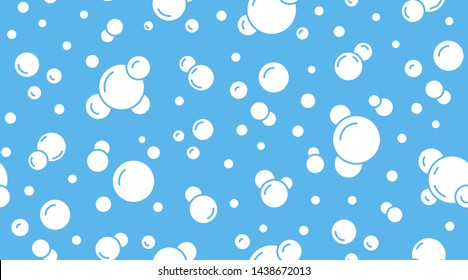 Bubbles vector seamless pattern with flat line icons. Blue white color soap texture. Fizzy water background, abstract effervescent effect wallpaper.