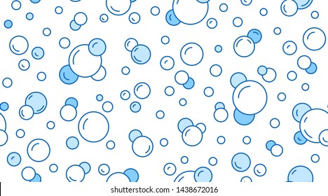 Bubbles vector seamless pattern with flat line icons. Blue white color soap texture. Fizzy water background, abstract effervescent effect wallpaper.