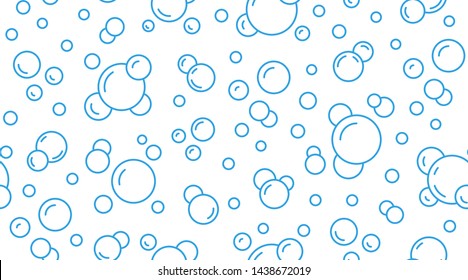 Bubbles vector seamless pattern with flat line icons. Blue white color soap texture. Fizzy water background, abstract effervescent effect wallpaper.