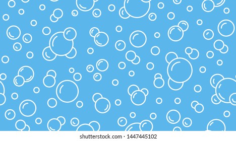 Bubbles vector seamless pattern with flat line icons. Blue white color soap texture. Fizzy water background, abstract effervescent effect wallpaper.