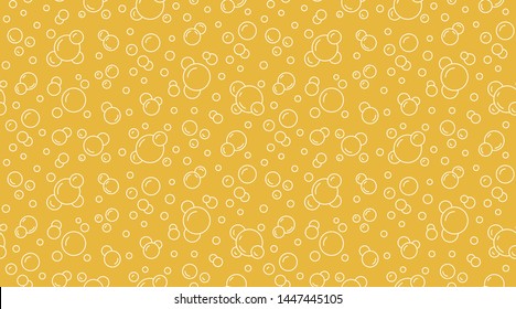 Bubbles vector seamless pattern with flat line icons. Yellow white color beer texture. Fizzy water background, abstract soda wallpaper.