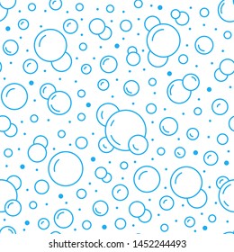 Bubbles vector seamless pattern with flat line icons. Blue white color soap texture. Fizzy water background, abstract effervescent effect wallpaper.