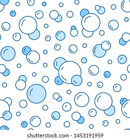 Bubbles vector seamless pattern with flat line icons. Blue white color soap texture. Fizzy water background, abstract effervescent effect wallpaper.