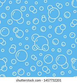 Bubbles vector seamless pattern with flat line icons. Blue white color soap texture. Fizzy water background, abstract effervescent effect wallpaper.