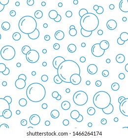 Bubbles vector seamless pattern with flat line icons. Blue white color soap texture. Fizzy water background, abstract effervescent effect wallpaper.