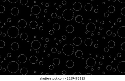 Bubbles vector seamless pattern with flat line icons. Black white color soap texture. Fizzy water background, abstract effervescent effect wallpaper