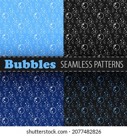 Bubbles vector seamless patterns collection in white, blue and black colors. Aqua ornament. Best for textile, wallpapers, wrapping paper, package and your design.